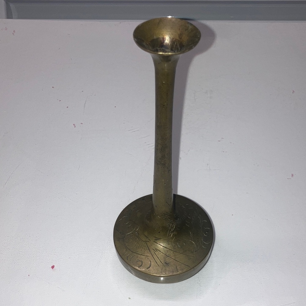 Antique Small Brass Bud Vase Japanese Etched Dragon Bud Vase 8ins